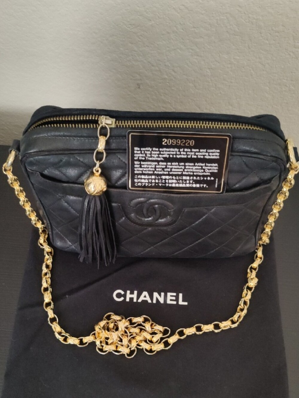 Authentic CHANEL Black Quilted Leather Shoulder Bag with Gold Chain and Tassel - Picture 3 of 12